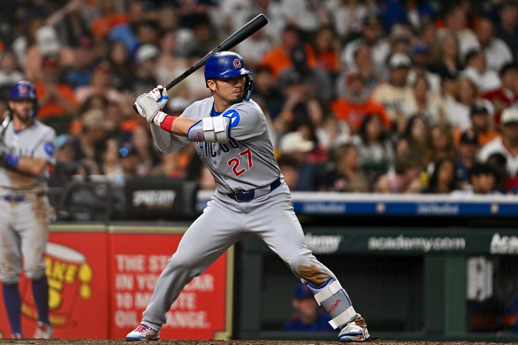 Jun 27, 2025; Houston, Texas, USA; Chicago Cubs designated hitter Seiya Suzuki (27) bats in the sixth inning against the Houston Astros at Daikin Park. Mandatory Credit: Maria Lysaker-Imagn Images