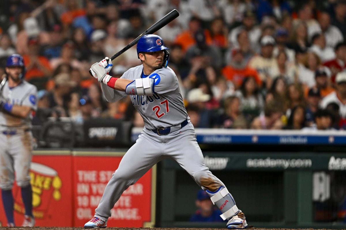 Jun 27, 2025; Houston, Texas, USA; Chicago Cubs designated hitter Seiya Suzuki (27) bats in the sixth inning against the Houston Astros at Daikin Park. Mandatory Credit: Maria Lysaker-Imagn Images