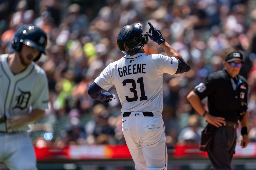 Detroit Tigers Riley Greene celebrates after hitting a home run against the Twins at Comerica Park in Detroit on Saturday, June 28, 2025.