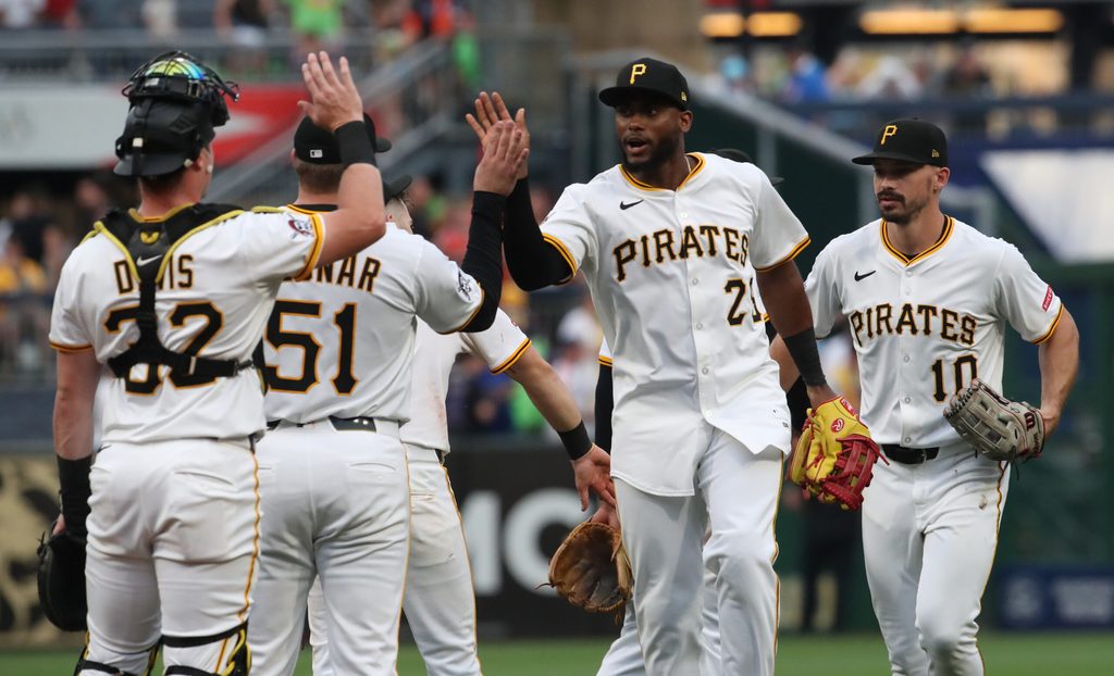 Jun 28, 2025; Pittsburgh, Pennsylvania, USA; The Pittsburgh Pirates celebrate after defeating the New York Mets at PNC Park. Mandatory Credit: Charles LeClaire-Imagn Images
