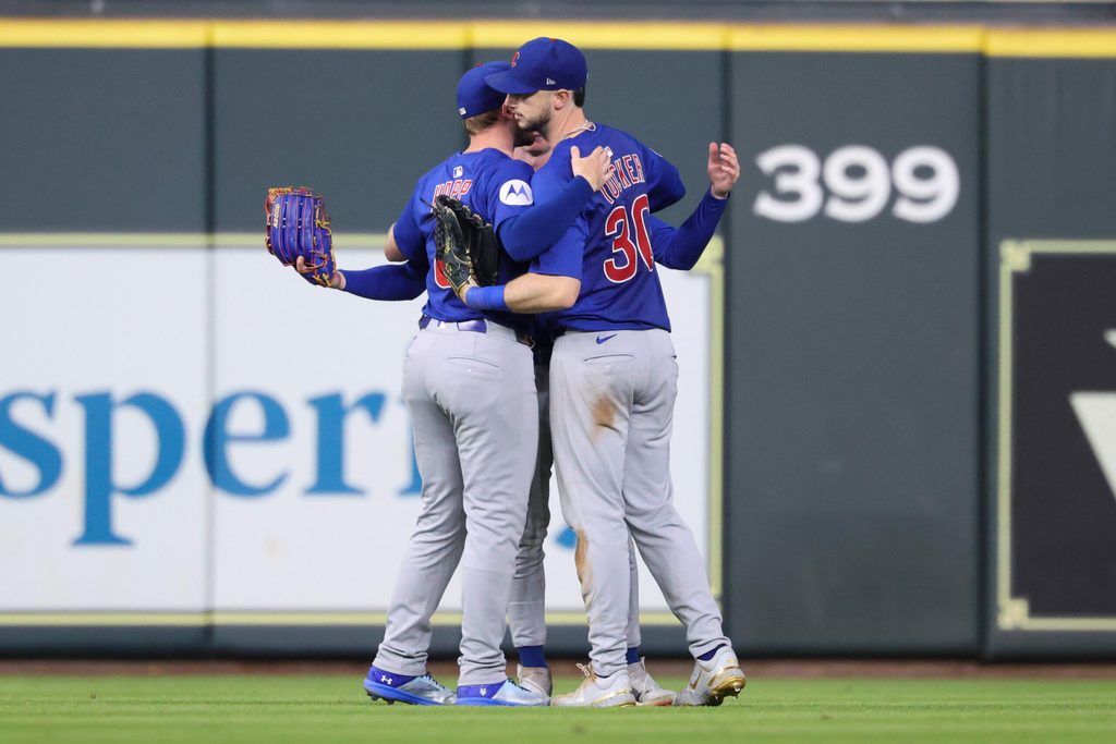 Jun 28, 2025; Houston, Texas, USA; Chicago Cubs right fielder Kyle Tucker (30) celebrates with teammates after the game against the Houston Astros at Daikin Park. Mandatory Credit: Troy Taormina-Imagn Images