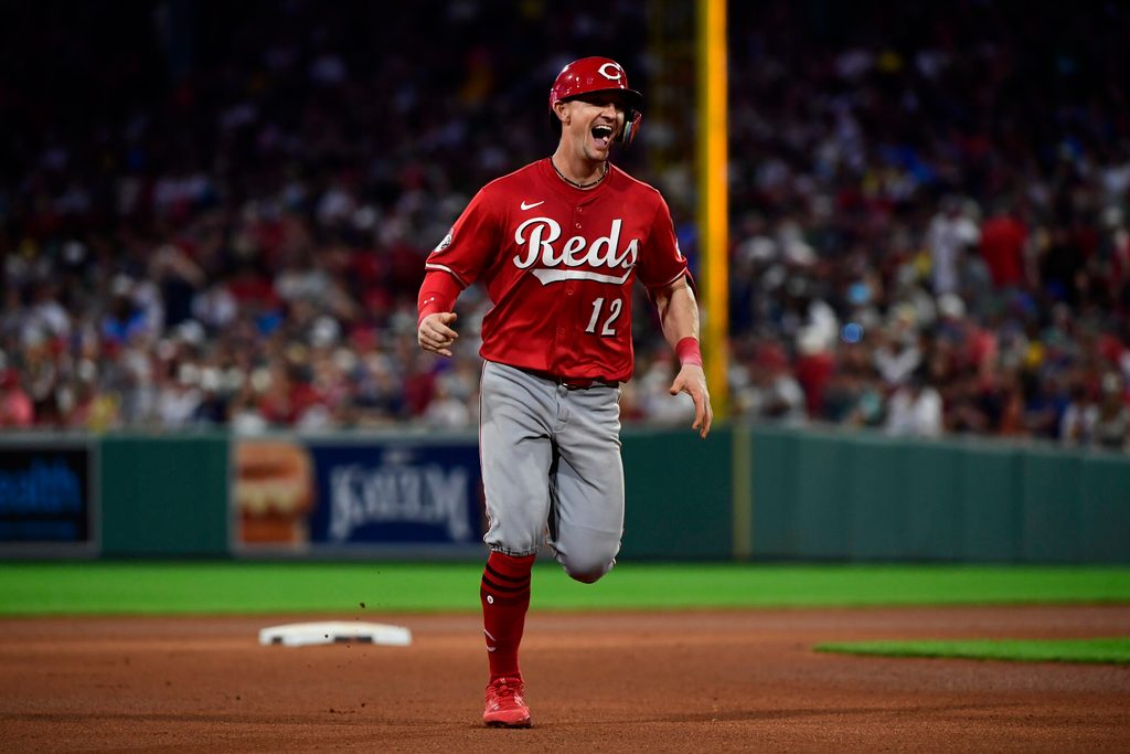 Jun 30, 2025; Boston, Massachusetts, USA; Cincinnati Reds designated hitter Austin Hays (12) reacts while rounding the bases after hitting a home run during the sixth inning against the Boston Red Sox at Fenway Park. Mandatory Credit: Bob DeChiara-Imagn Images