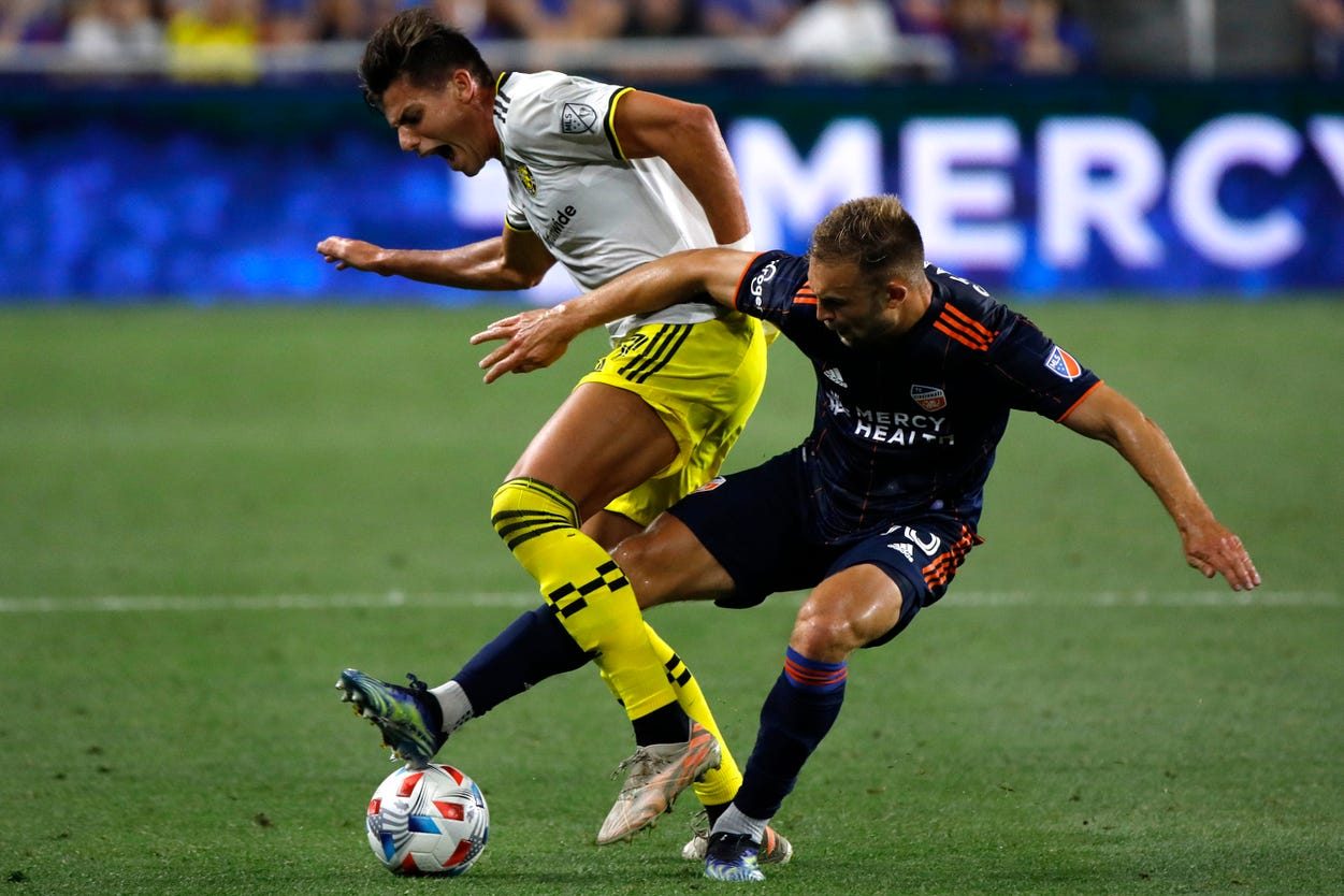 FC Cincinnati defender Avionne Flanagan (27) and Columbus Crew forward Erik Hurtado (33) fight for possession of the ball during the second half of a MLS game between FC Cincinnati and Columbus Crew on Friday, July 9, 2021 at TQL Stadium in Cincinnati where the teams tied 2-2.

Fc Cincinnati Vs Columbus Crew 07 09 21