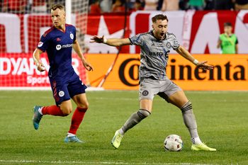 Aug 27, 2022; Chicago, Illinois, USA; CF Montreal midfielder Djordje Mihailovic (8) reacts after a foul against the Chicago Fire during the second half at Soldier Field. Mandatory Credit: Mike Dinovo-Imagn Images