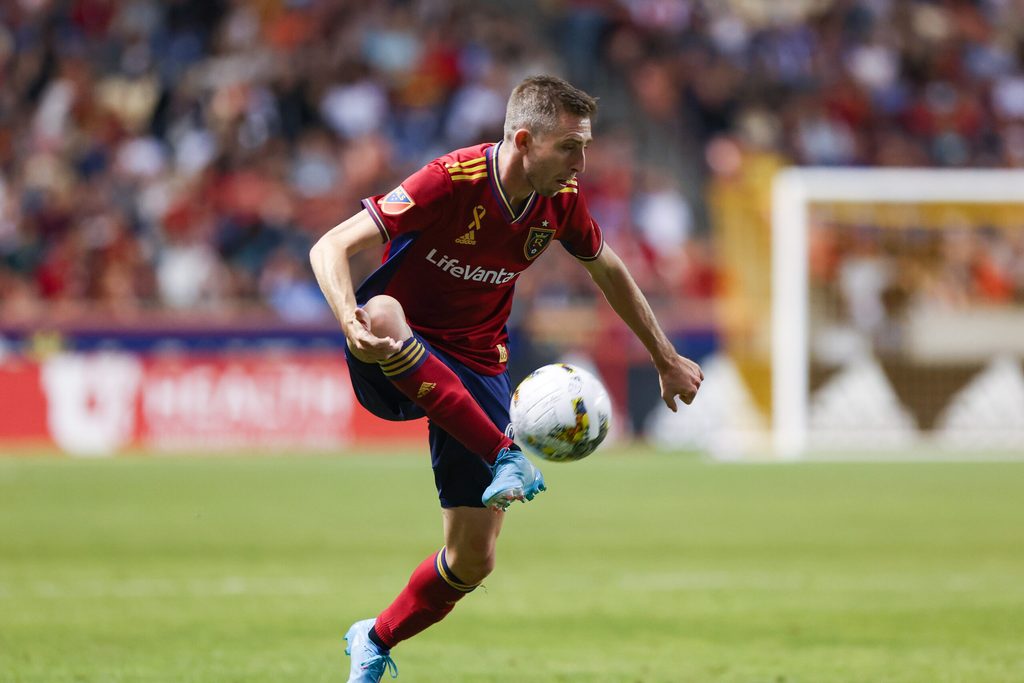 Sep 17, 2022; Sandy, Utah, USA;  Real Salt Lake defender Andrew Brody (2) saves the ball during the second half against FC Cincinnati at Rio Tinto Stadium. Mandatory Credit: Melissa Majchrzak-Imagn Images