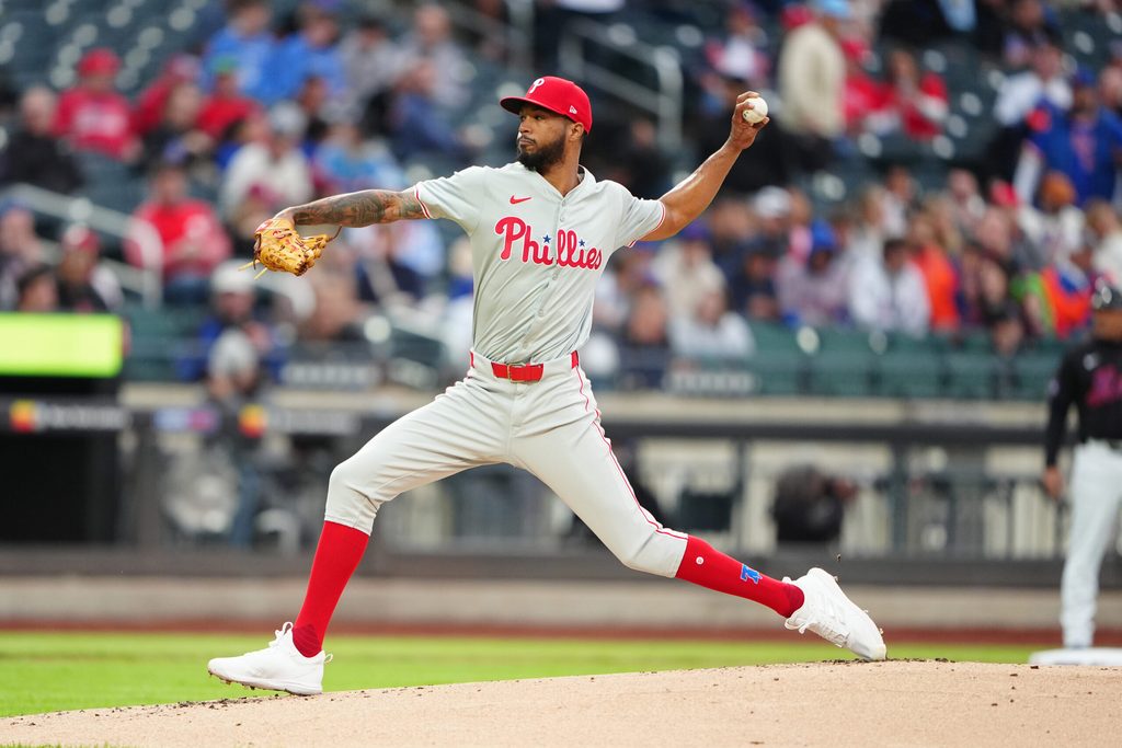 May 13, 2024; New York City, New York, USA; Philadelphia Phillies pitcher Christopher Sanchez (61) delivers a pitch against the New York Mets during the first inning at Citi Field. Mandatory Credit: Gregory Fisher-Imagn Images