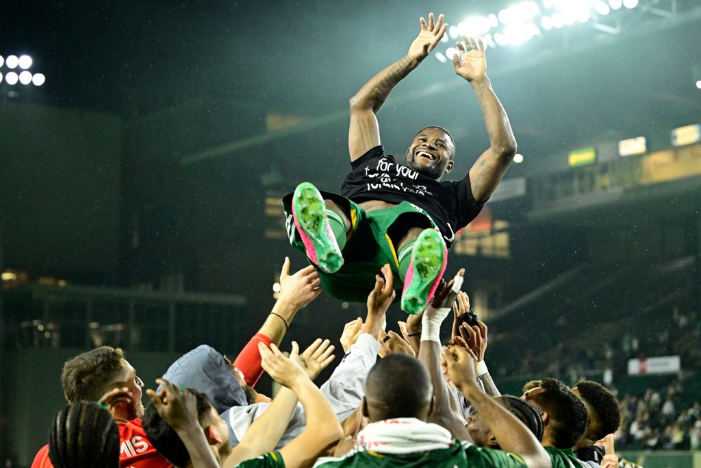 Jun 29, 2024; Portland, Oregon, USA; Portland Timbers forward Dairon Asprilla (27) celebrates his last game with the Portland Timbers after the match against the Minnesota United at Providence Park. Mandatory Credit: Troy Wayrynen-Imagn Images