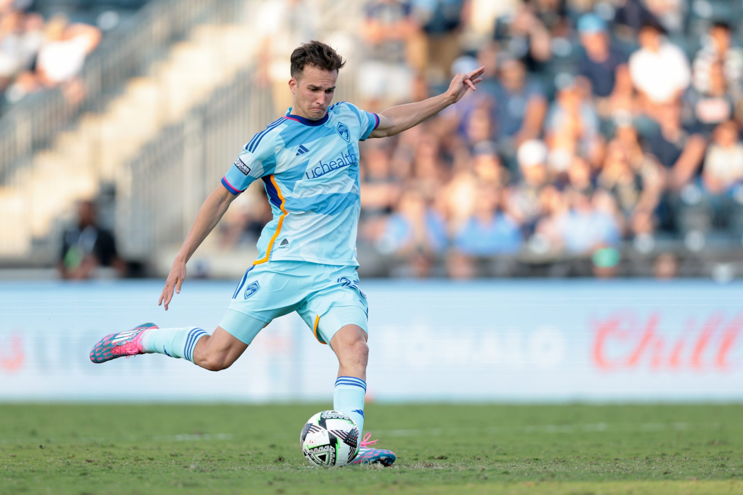 Aug 25, 2024; Philadelphia, Pennsylvania, USA; Colorado Rapids midfielder Cole Bassett (23) shoots the ball against the Philadelphia Union during a penalty shootout in the Leagues Cup third place match at Subaru Park. Mandatory Credit: Caean Couto-Imagn Images