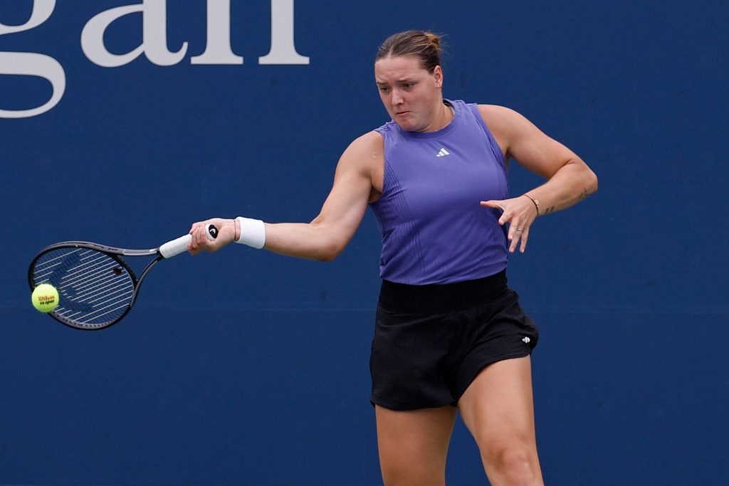 Aug 30, 2024; Flushing, NY, USA; Jule Niemeier (GER) hits a forehand against Qinwen Zheng (CHN)(not pictured) in a women's singles match on day five of the 2024 U.S. Open tennis tournament at Billie Jean King USTA National Tennis Center. Mandatory Credit: Geoff Burke-Imagn Images