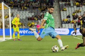 Sep 7, 2024; Columbus, Ohio, USA; Seattle Sounders FC defender Alex Roldan (16) kicks the ball in the second half against the Columbus Crew at Lower.com Field. Mandatory Credit: Trevor Ruszkowski-Imagn Images