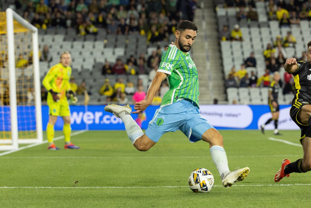 Sep 7, 2024; Columbus, Ohio, USA; Seattle Sounders FC defender Alex Roldan (16) kicks the ball in the second half against the Columbus Crew at Lower.com Field. Mandatory Credit: Trevor Ruszkowski-Imagn Images