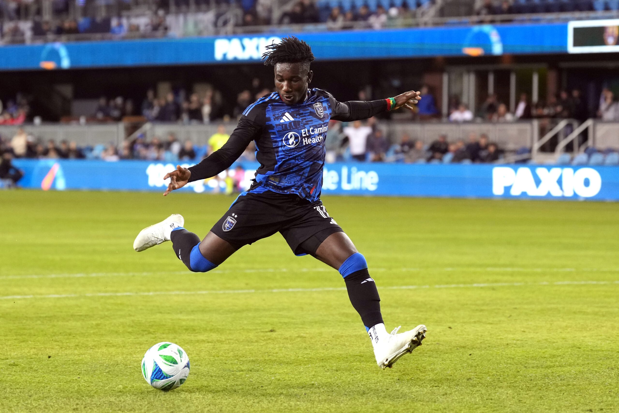 Feb 22, 2025; San Jose, California, USA; San Jose Earthquakes forward Ousseni Bouda (11) shoots against Real Salt Lake during the second half at PayPal Park. Mandatory Credit: Darren Yamashita-Imagn Images