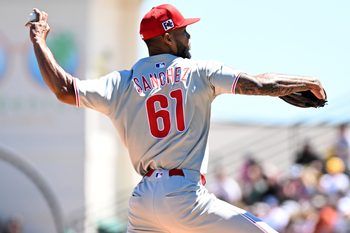 Mar 18, 2025; Bradenton, Florida, USA; Philadelphia Phillies starting pitcher Christopher Sanchez (61) throws a pitch in the first inning against the Pittsburgh Pirates during spring training at LECOM Park. Mandatory Credit: Jonathan Dyer-Imagn Images