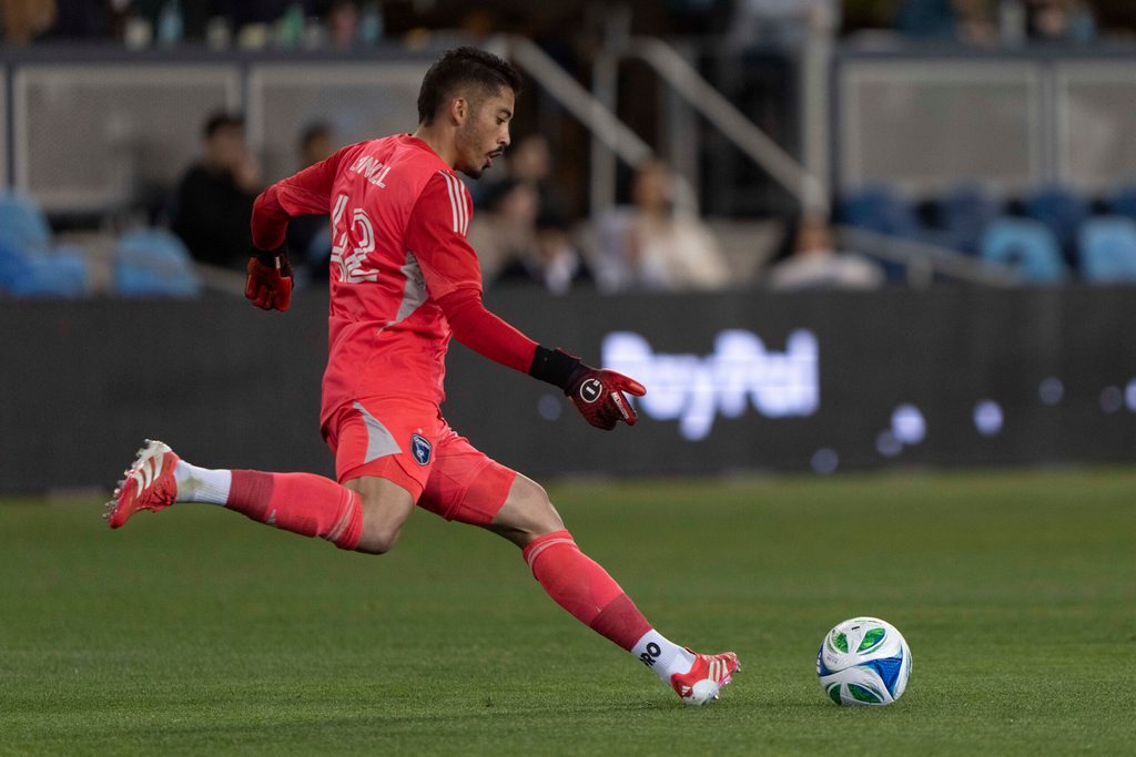 Mar 29, 2025; San Jose, California, USA;  San Jose Earthquakes goalkeeper Daniel (42) kicks the ball during the first half against the Seattle Sounders at PayPal Park. Mandatory Credit: Stan Szeto-Imagn Images