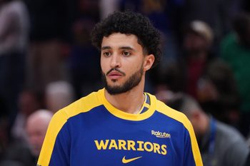 Apr 9, 2025; San Francisco, California, USA; Golden State Warriors forward Jackson Rowe (44) warms up before the game against the San Antonio Spurs at Chase Center. Mandatory Credit: David Gonzales-Imagn Images