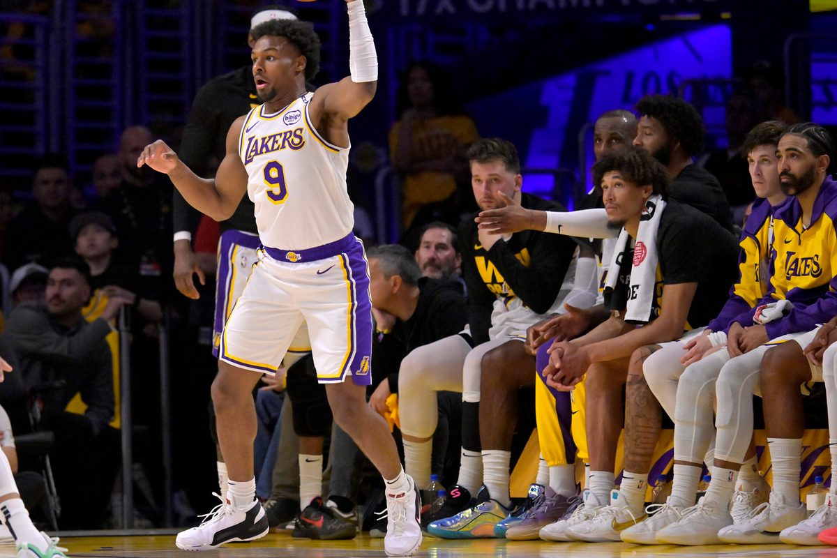 Apr 19, 2025; Los Angeles, California, USA; Los Angeles Lakers guard Bronny James (9) looks to take a shot in the second half against the Minnesota Timberwolves at Crypto.com Arena. Mandatory Credit: Jayne Kamin-Oncea-Imagn Images