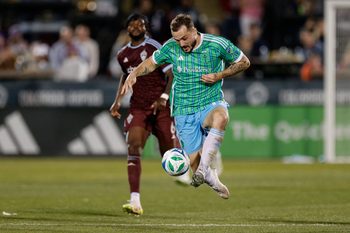 Apr 26, 2025; Commerce City, Colorado, USA; Seattle Sounders forward Jordan Morris (13) controls the ball in the second half against the Colorado Rapids at Dick's Sporting Goods Park. Mandatory Credit: Isaiah J. Downing-Imagn Images