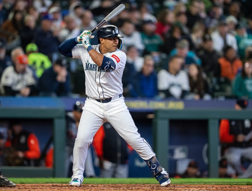 Apr 2, 2025; Seattle, Washington, USA; Seattle Mariners first baseman Donovan Solano (39) waits for a pitch during an at-bat against the Detroit Tigers at T-Mobile Park. Mandatory Credit: Stephen Brashear-Imagn Images