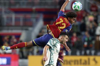 May 14, 2025; Sandy, Utah, USA; Real Salt Lake forward Zavier Gozo (72) and Portland Timbers midfielder Cristhian Paredes (17) battle for the ball during the second half at America First Field. Mandatory Credit: Rob Gray-Imagn Images