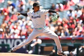 May 25, 2025; Anaheim, California, USA; Miami Marlins starting pitcher Edward Cabrera (27) throws a pitch against the Los Angeles Angels during the first inning at Angel Stadium. Mandatory Credit: Jonathan Hui-Imagn Images