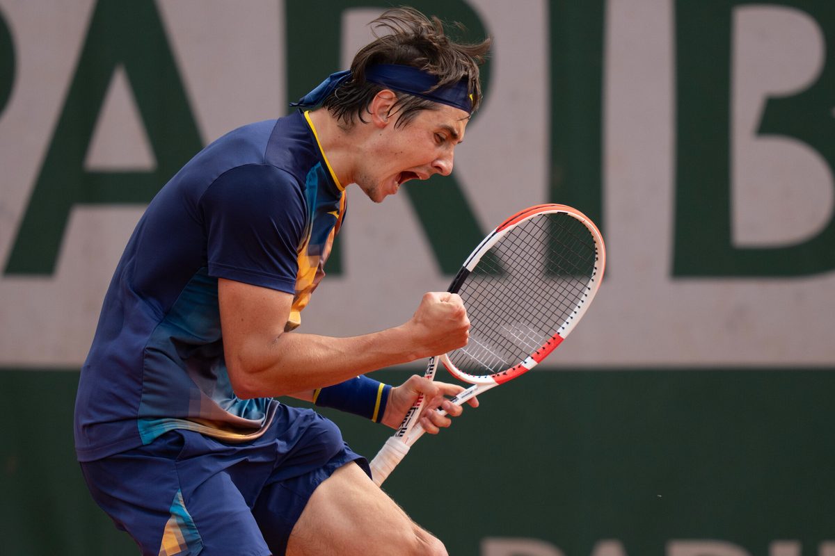 May 29, 2025; Paris, FR; Alexander Shevchenko of Kazakhstan reacts to a point during his match against Ethan Quinn of the United States on day five at Roland Garros Stadium.  Mandatory Credit: Susan Mullane-Imagn Images