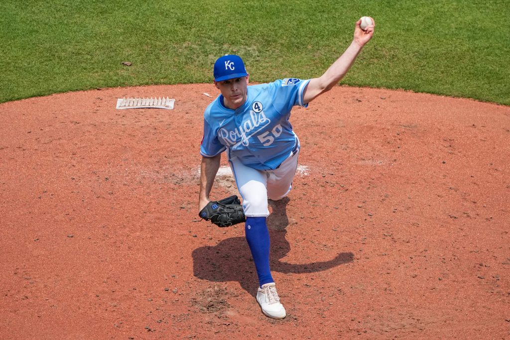 Jun 1, 2025; Kansas City, Missouri, USA; Kansas City Royals starting pitcher Kris Bubic (50) delivers a pitch against the Detroit Tigers in the fourth inning at Kauffman Stadium. Mandatory Credit: Denny Medley-Imagn Images