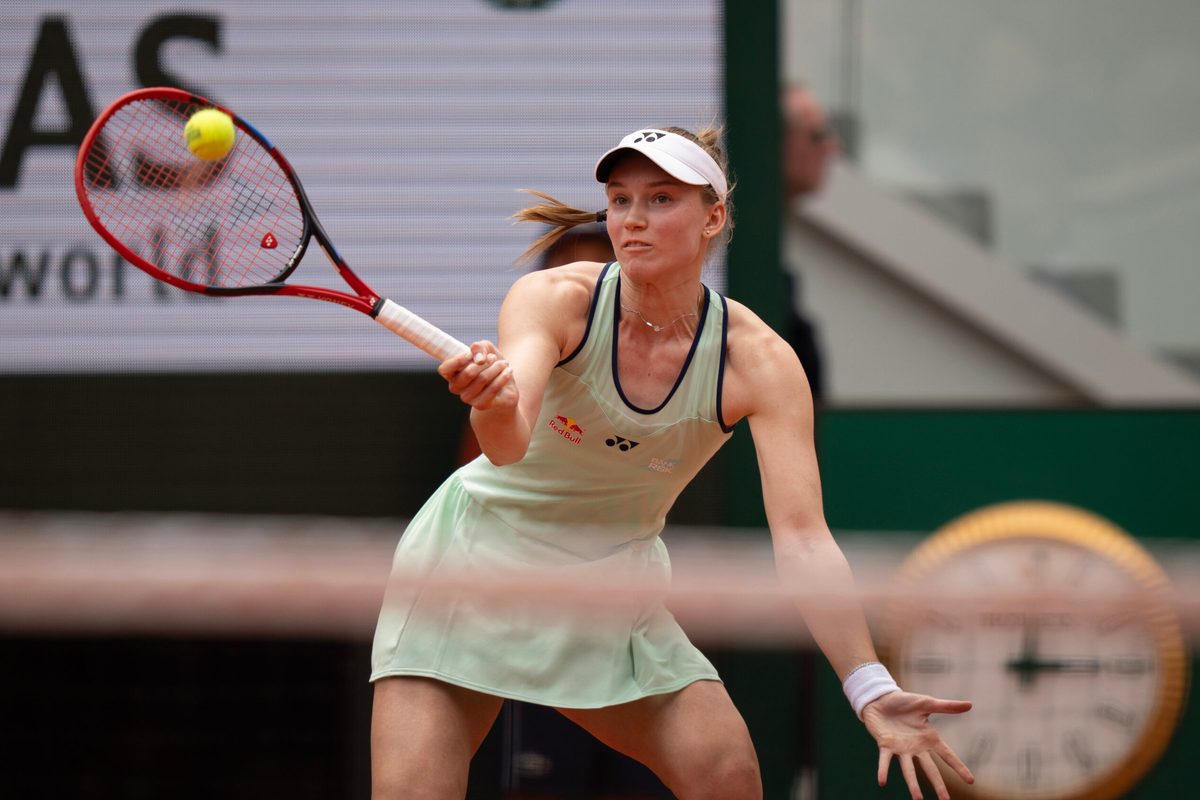 Jun 1, 2025; Paris, FR; Elena Rybakina of Kazakhstan returns a shot during her match against Iga Swiatek of Poland on day eight at Roland Garros Stadium. Mandatory Credit: Susan Mullane-Imagn Images
