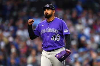May 27, 2025; Chicago, Illinois, USA; Colorado Rockies starting pitcher German Marquez (48) celebrates after ending the second inning against the Chicago Cubs at Wrigley Field. Mandatory Credit: Patrick Gorski-Imagn Images