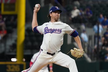 Jun 14, 2025; Arlington, Texas, USA; Texas Rangers pitcher Jacob deGrom (48) throws to the plate during the first inning against the Chicago White Sox at Globe Life Field. Mandatory Credit: Raymond Carlin III-Imagn Images