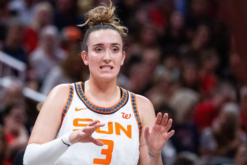 Jun 17, 2025; Indianapolis, Indiana, USA; Connecticut Sun guard Marina Mabrey (3) in the first half against the Indiana Fever at Gainbridge Fieldhouse. Mandatory Credit: Trevor Ruszkowski-Imagn Images