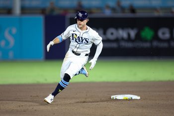 Jun 18, 2025; Tampa, Florida, USA; Tampa Bay Rays shortstop Taylor Walls (6)rounds second base against the Baltimore Orioles in the fifth inning at George M. Steinbrenner Field. Mandatory Credit: Nathan Ray Seebeck-Imagn Images