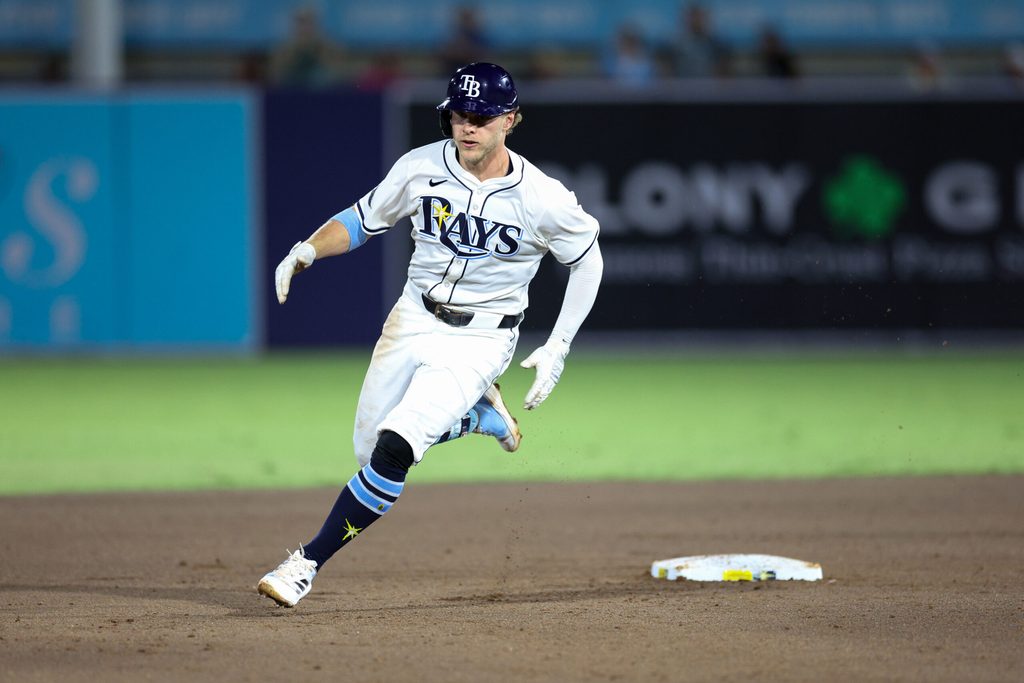 Jun 18, 2025; Tampa, Florida, USA; Tampa Bay Rays shortstop Taylor Walls (6)rounds second base against the Baltimore Orioles in the fifth inning at George M. Steinbrenner Field. Mandatory Credit: Nathan Ray Seebeck-Imagn Images