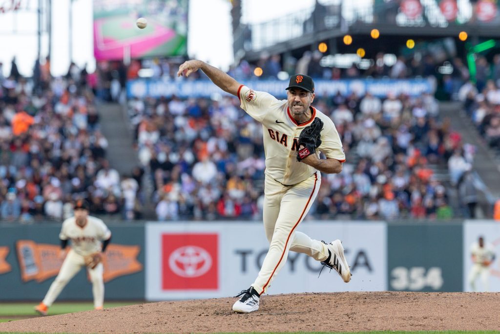 Jun 18, 2025; San Francisco, California, USA; San Francisco Giants pitcher Justin Verlander (35) throws a pitch during the second inning against the Cleveland Guardians at Oracle Park. Mandatory Credit: Bob Kupbens-Imagn Images