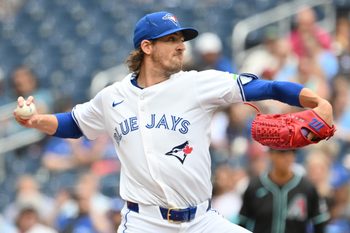 Jun 19, 2025; Toronto, Ontario, CAN;  Toronto Blue Jays starting pitcher Kevin Gausman (34) delivers a pitch against the Arizona Diamondbacks in the first inning at Rogers Centre. Mandatory Credit: Dan Hamilton-Imagn Images
