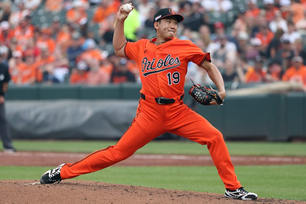 Jun 14, 2025; Baltimore, Maryland, USA; Baltimore Orioles pitcher Tomoyuki Sugano (19) throws during the third inning against the Los Angeles Angels at Oriole Park at Camden Yards. Mandatory Credit: Daniel Kucin Jr.-Imagn Images