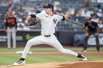 Jun 20, 2025; Bronx, New York, USA;  New York Yankees starting pitcher Max Fried (54) pitches in the first inning against the Baltimore Orioles at Yankee Stadium. Mandatory Credit: Wendell Cruz-Imagn Images