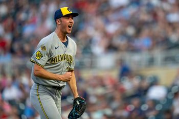 Jun 20, 2025; Minneapolis, Minnesota, USA; Milwaukee Brewers starting pitcher Jacob Misiorowski (32) celebrates striking out a batter in the fifth inning against the Minnesota Twins at Target Field. Mandatory Credit: Jesse Johnson-Imagn Images