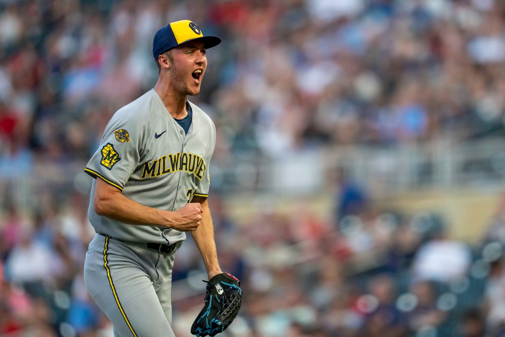 Jun 20, 2025; Minneapolis, Minnesota, USA; Milwaukee Brewers starting pitcher Jacob Misiorowski (32) celebrates striking out a batter in the fifth inning against the Minnesota Twins at Target Field. Mandatory Credit: Jesse Johnson-Imagn Images