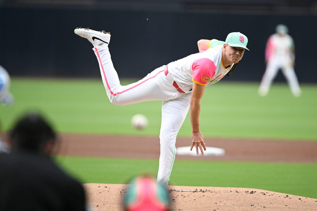 Jun 20, 2025; San Diego, California, USA; San Diego Padres starting pitcher Nick Pivetta (27) delivers during the first inning against the against the Kansas City Royals at Petco Park. Mandatory Credit: Denis Poroy-Imagn Images