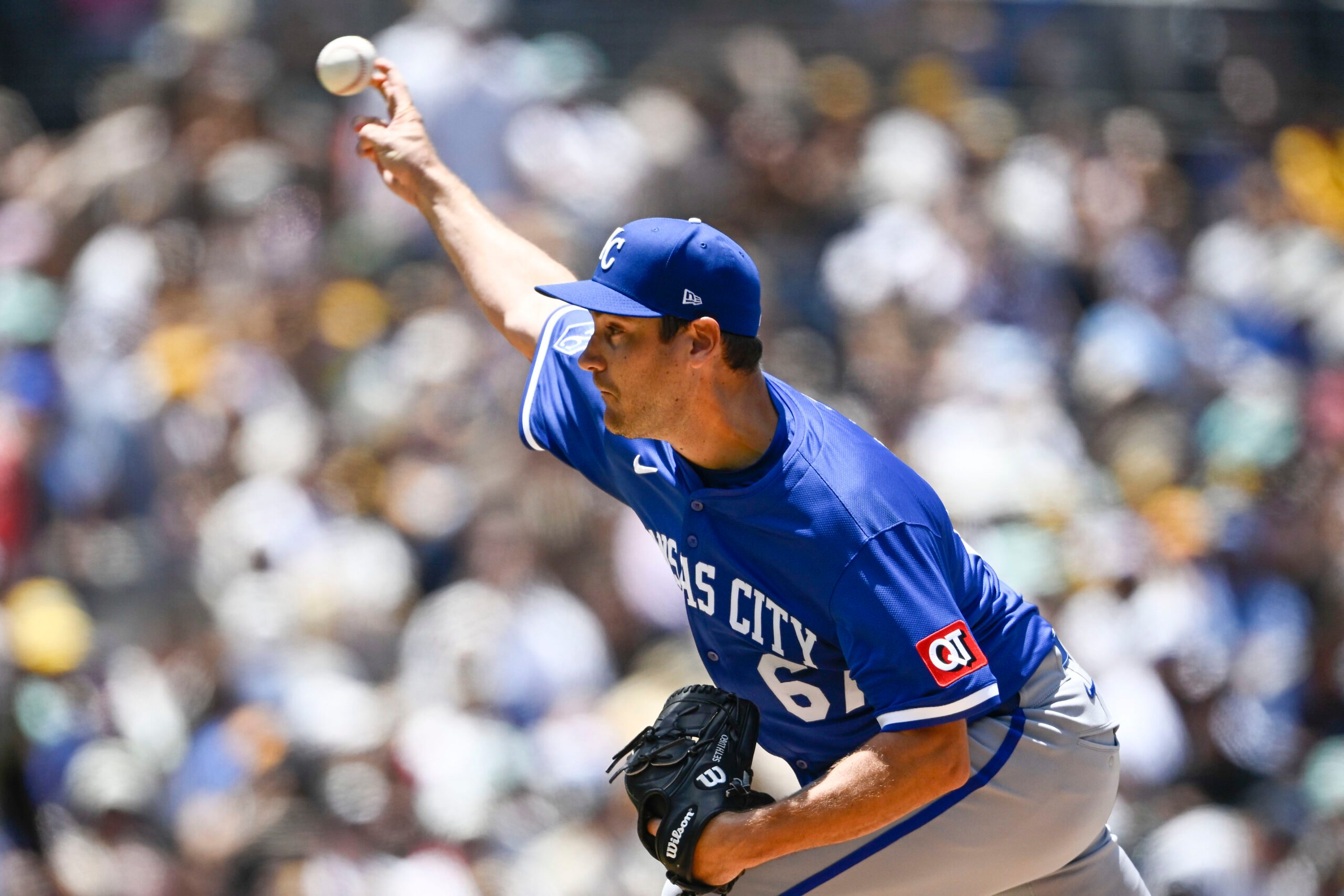 Jun 22, 2025; San Diego, California, USA; Kansas City Royals pitcher Seth Lugo (67) delivers during the first inning against the San Diego Padres at Petco Park. Mandatory Credit: Denis Poroy-Imagn Images
