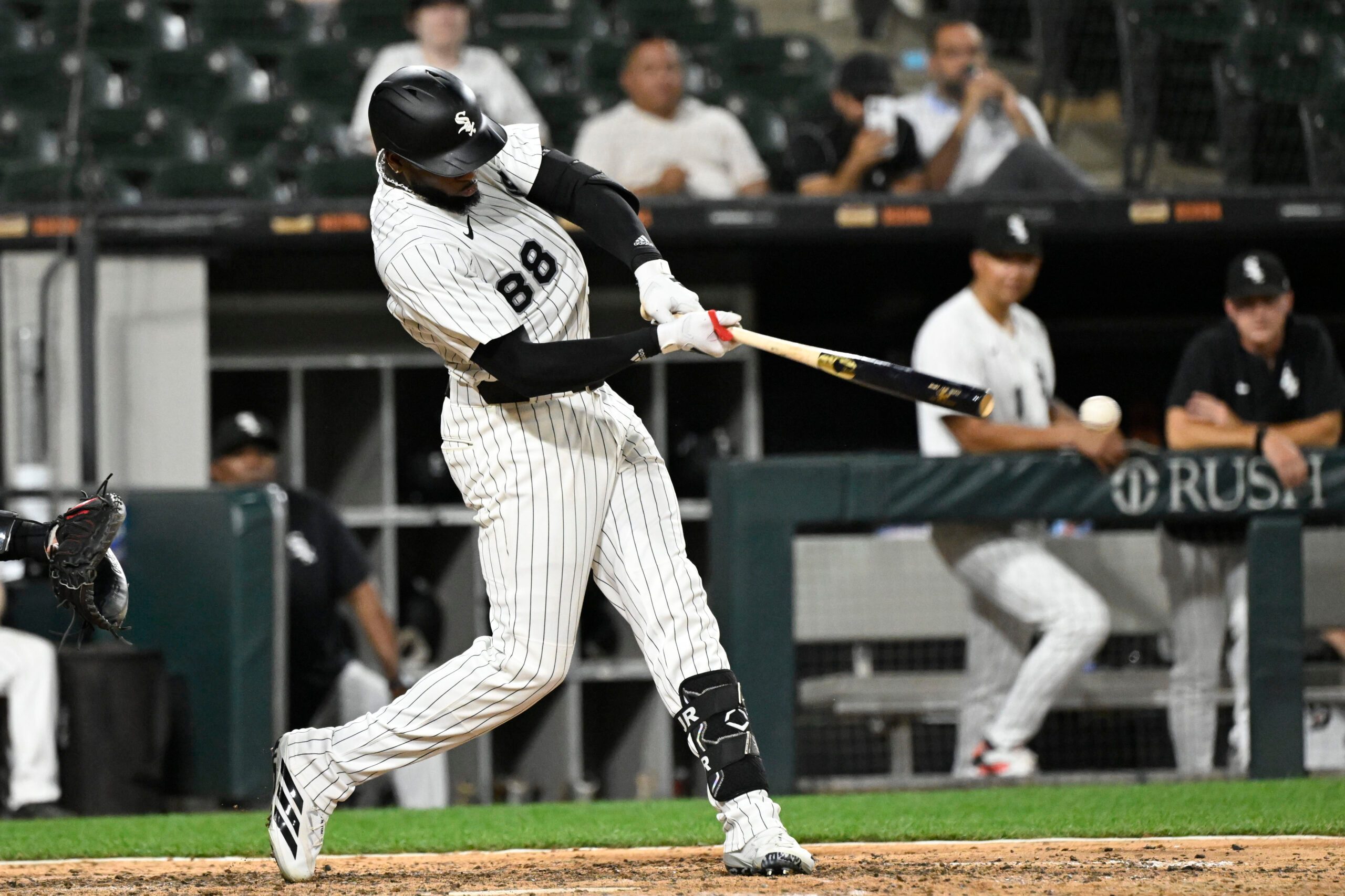 Jun 23, 2025; Chicago, Illinois, USA;  Chicago White Sox outfielder Luis Robert Jr. (88) hits a single during the ninth inning against the Arizona Diamondbacks at Rate Field. Mandatory Credit: Matt Marton-Imagn Images