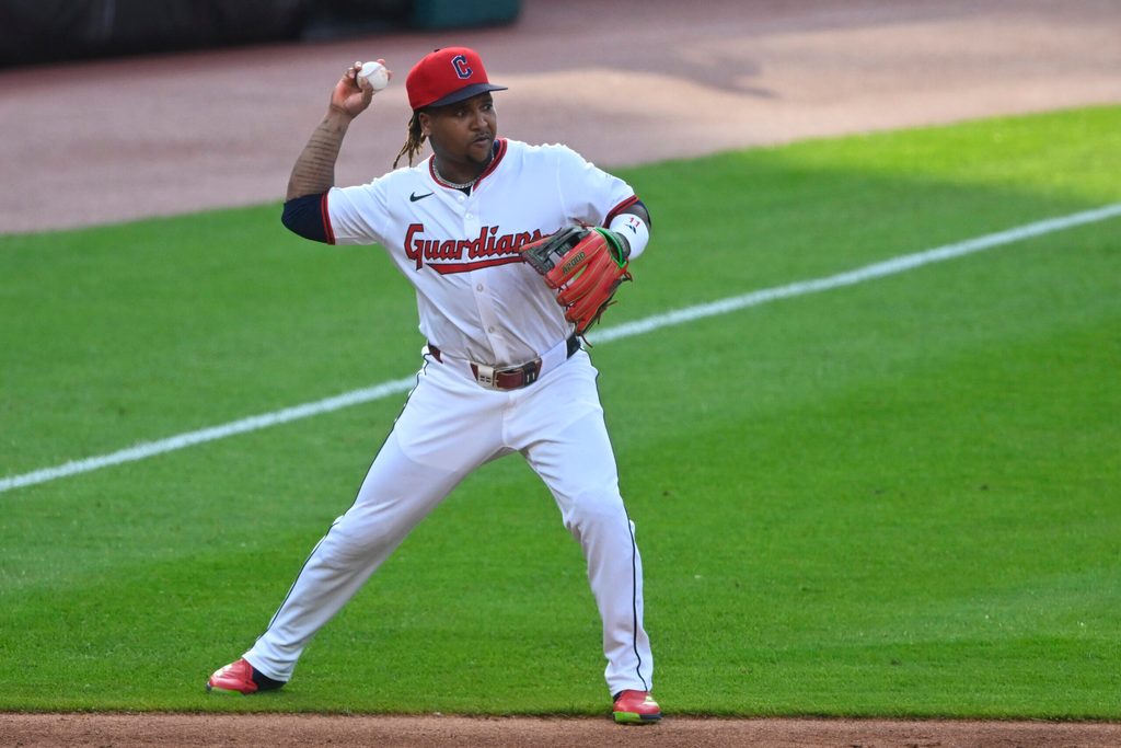 Jun 24, 2025; Cleveland, Ohio, USA; Cleveland Guardians third baseman Jose Ramirez (11) throws to second base in the third inning against the Toronto Blue Jays at Progressive Field. Mandatory Credit: David Richard-Imagn Images