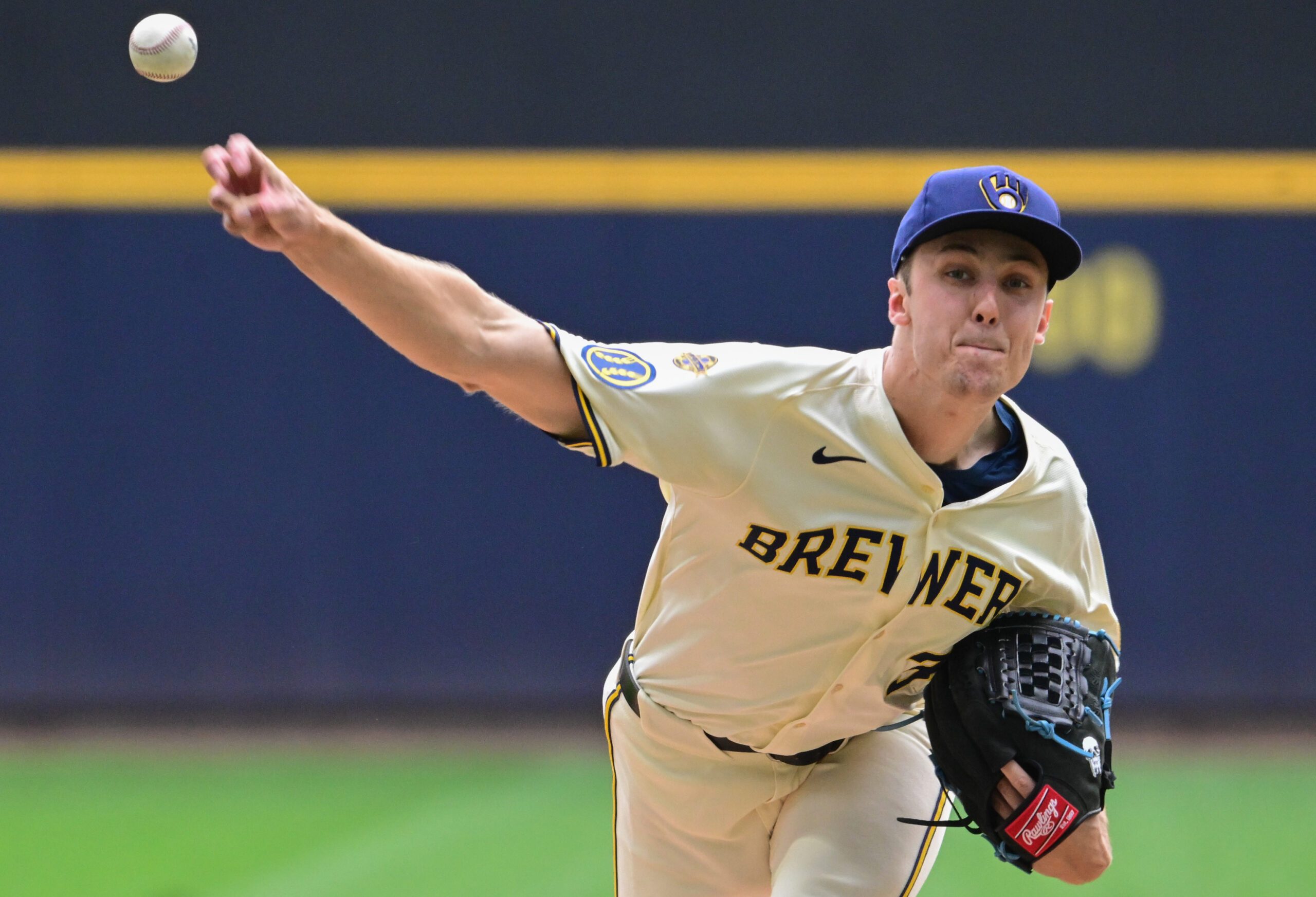Jun 25, 2025; Milwaukee, Wisconsin, USA; Milwaukee Brewers starting pitcher Jacob Misiorowski (32) throws a pitch in the fifth inning against the Pittsburgh Pirates at American Family Field. Mandatory Credit: Benny Sieu-Imagn Images