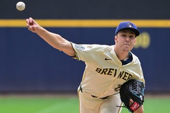 Jun 25, 2025; Milwaukee, Wisconsin, USA;  Milwaukee Brewers starting pitcher Jacob Misiorowski (32) throws a pitch in the fifth inning against the Pittsburgh Pirates at American Family Field. Mandatory Credit: Benny Sieu-Imagn Images