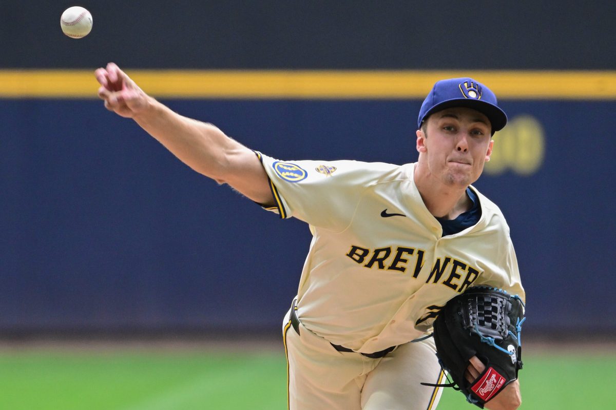 Jun 25, 2025; Milwaukee, Wisconsin, USA; Milwaukee Brewers starting pitcher Jacob Misiorowski (32) throws a pitch in the fifth inning against the Pittsburgh Pirates at American Family Field. Mandatory Credit: Benny Sieu-Imagn Images