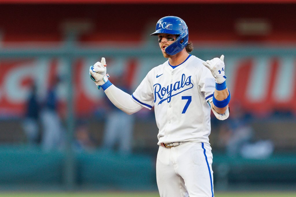 Jun 25, 2025; Kansas City, Missouri, USA; Kansas City Royals shortstop Bobby Witt Jr. (7) reacts after a double during the sixth inning Tampa Bay Rays at Kauffman Stadium. Mandatory Credit: William Purnell-Imagn Images