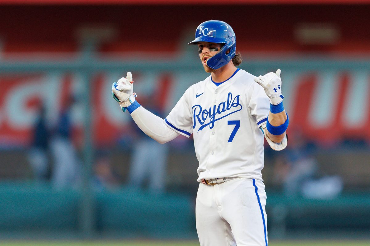 Jun 25, 2025; Kansas City, Missouri, USA; Kansas City Royals shortstop Bobby Witt Jr. (7) reacts after a double during the sixth inning Tampa Bay Rays at Kauffman Stadium. Mandatory Credit: William Purnell-Imagn Images