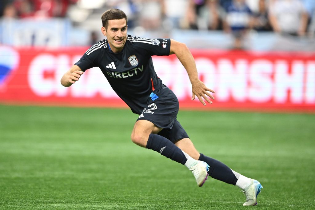 Jun 25, 2025; Vancouver, British Columbia, CAN;  San Diego FC forward Milan Iloski (32) runs during the second half against the Vancouver Whitecaps at BC Place. Mandatory Credit: Anne-Marie Sorvin-Imagn Images