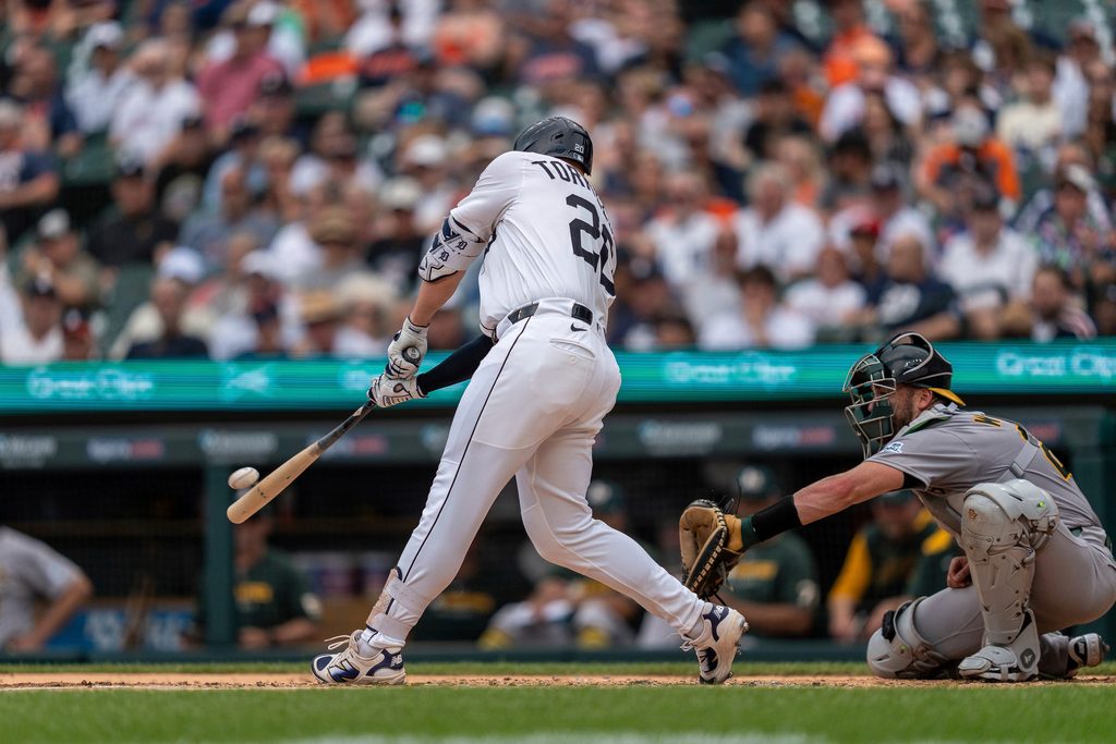 First baseman Spencer Torkelson hits a home run against the Athletics at Comerica Park in Detroit on Thursday, June 26, 2025.