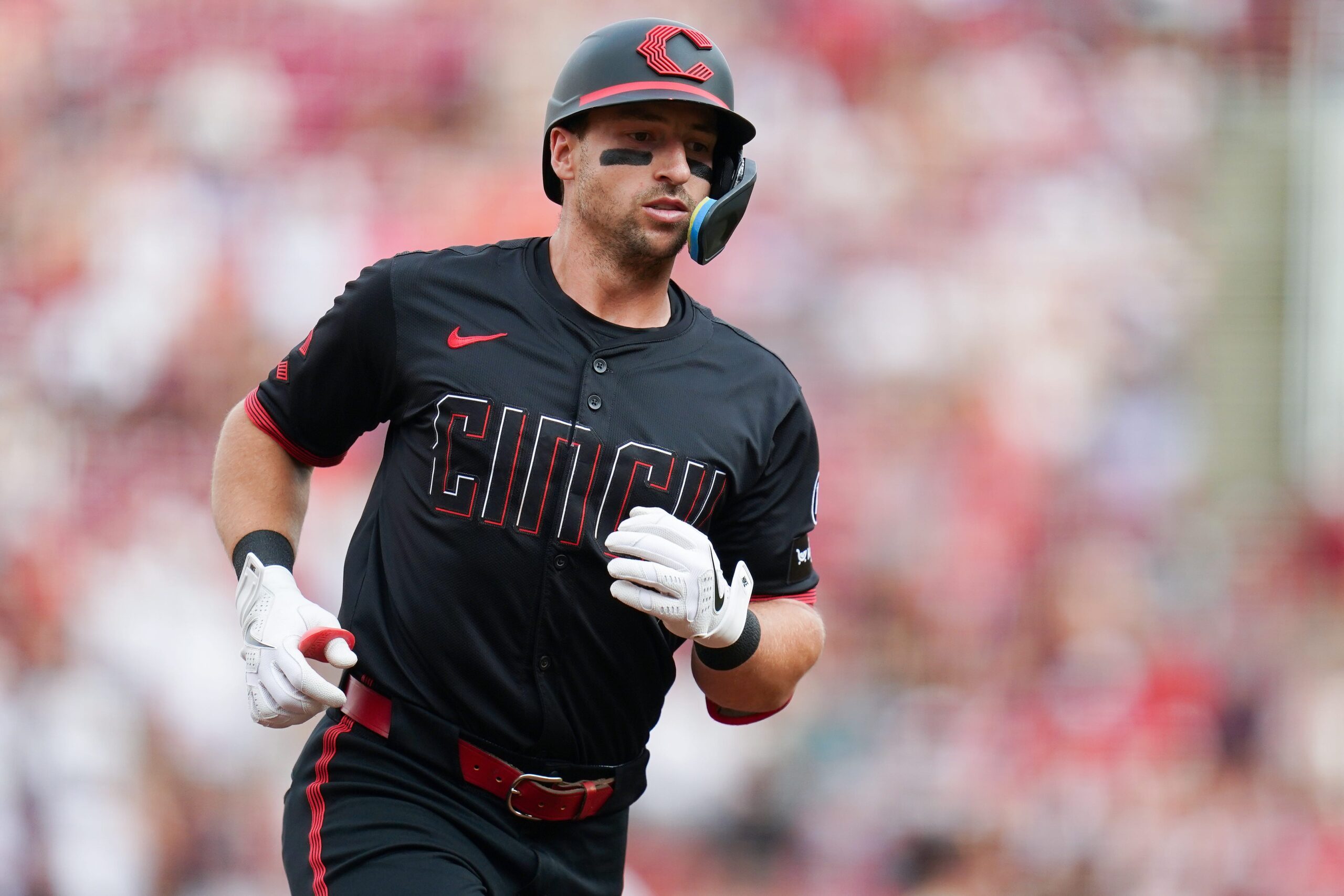 Cincinnati Reds first baseman Spencer Steer (7) runs the bases after hitting a homer in the second inning of a MLB game between the Cincinnati Reds and San Diego Padres, Friday, June 27, 2025, at Great American Ball Park in Downtown Cincinnati.